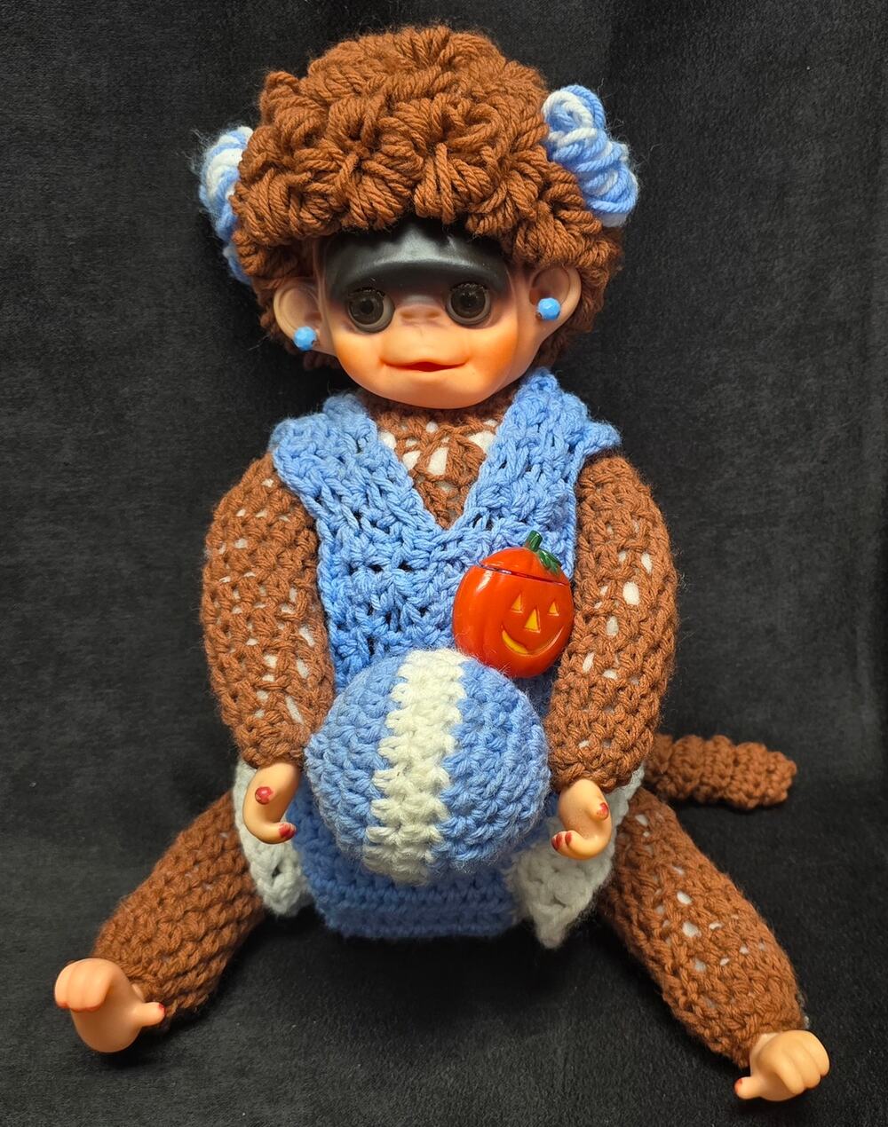 Vintage Rubber Face Crochet Baby Monkey Stuffed Plush Amigurumi Doll